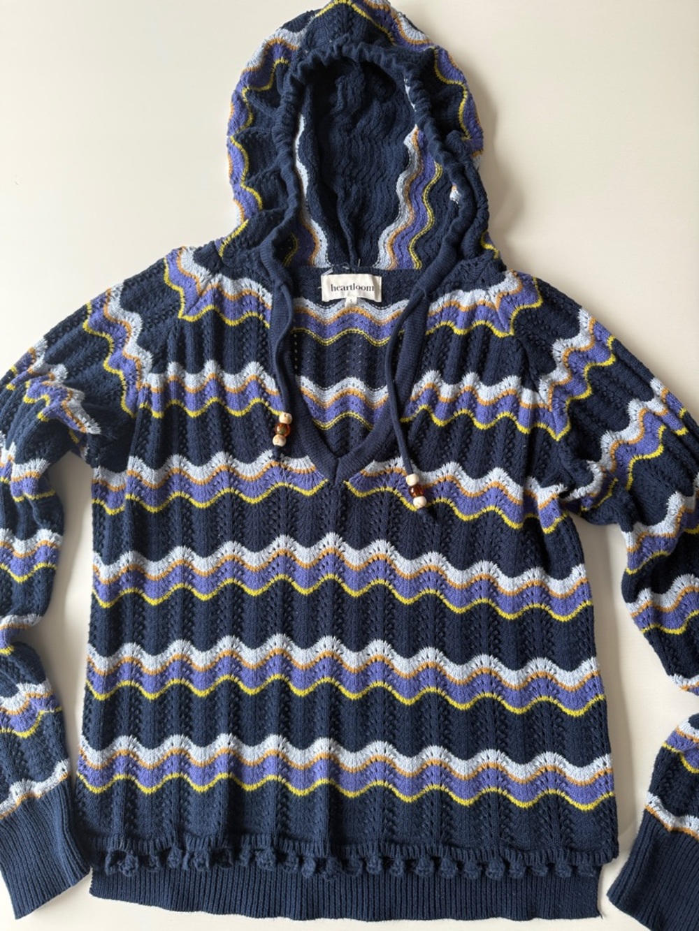 Heartloom Navy Cowl Sweater with Light Blue, Lavender & Yellow Waves